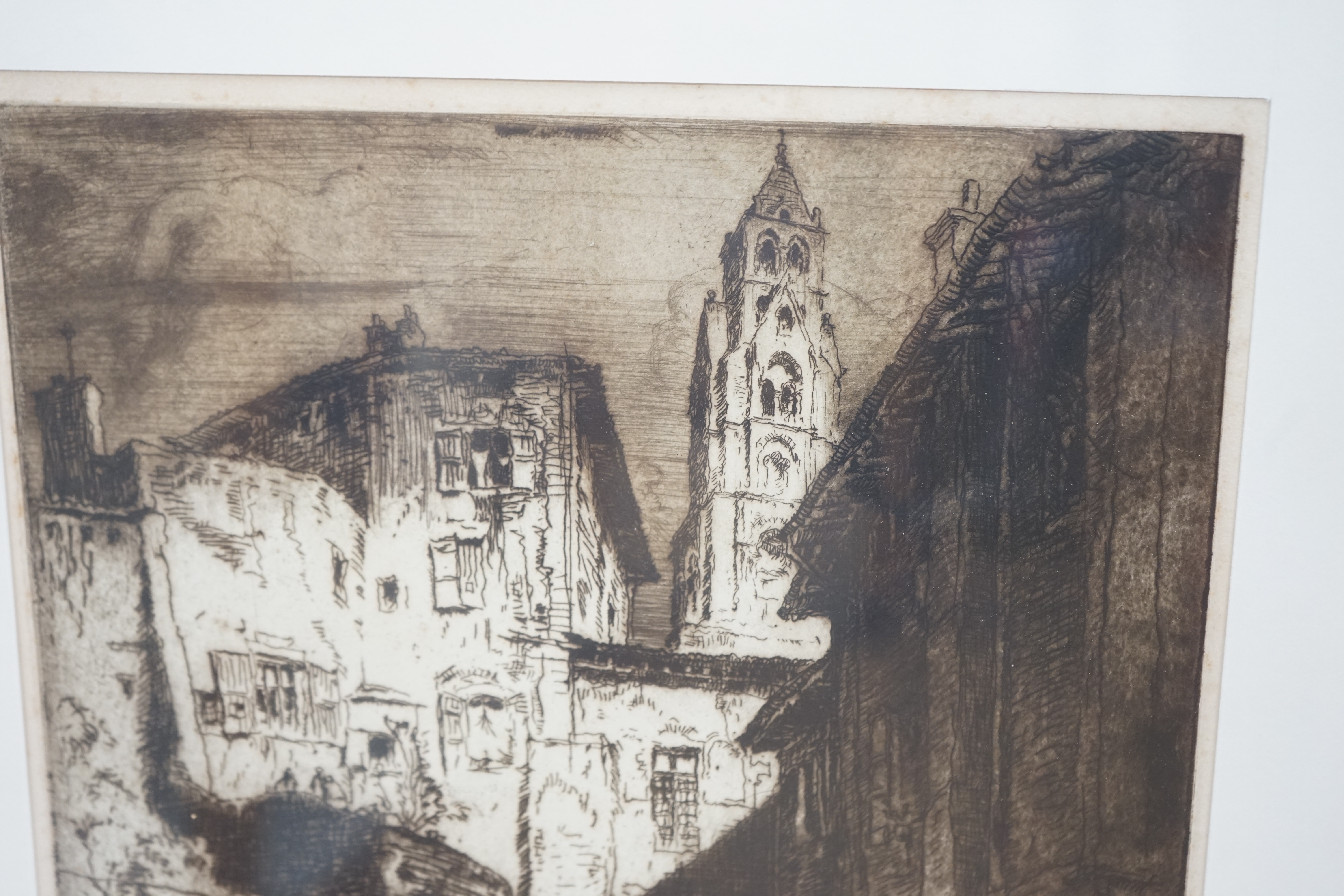 Frank Brangwyn (Welsh, 1867-1956), lithograph and etching, Street scenes with buildings, each signed in pencil, largest 42 x 31cm. Condition - poor to fair, discolouration and rippling to the paper